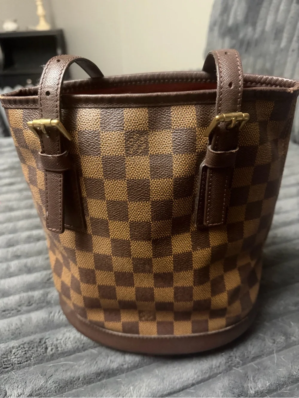 Louis Vuitton Brown Checkered Mini Bucket Tote with Gold Hardware